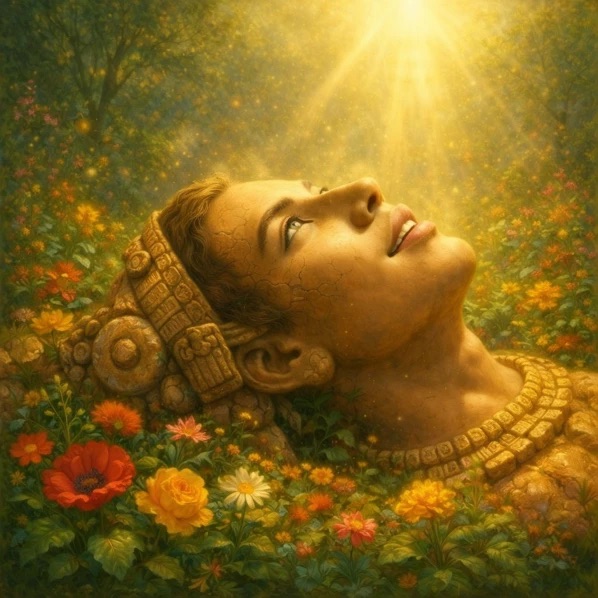 Gemalte Maya-Gestalt aus Stein, die in einem Blumenfeld liegt und lächelnd ins goldene Licht blickt