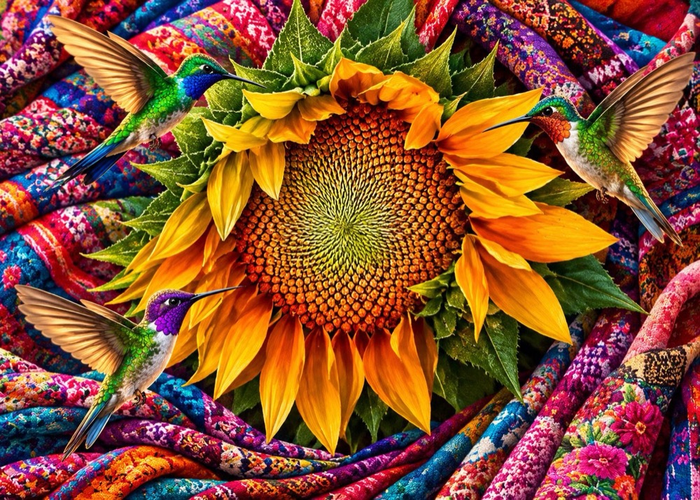 Drei Kolibris an einer grossen Sonnenblume auf farbigen Maya-Webstoffen
