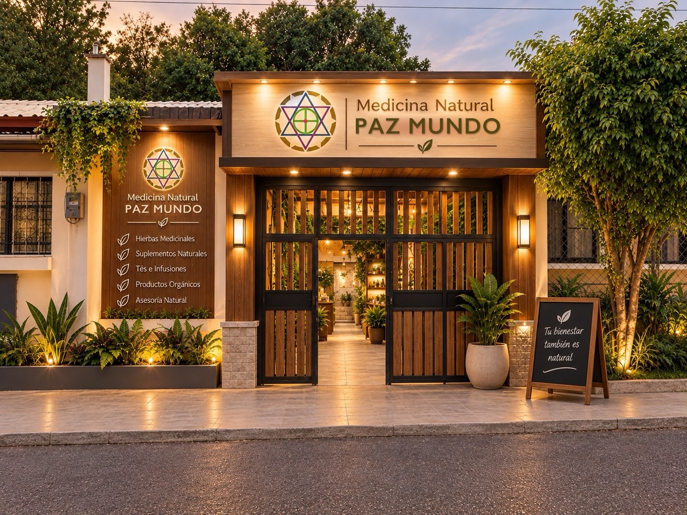 Entwurf: Eingang der Natur-Apotheke Medicina Natural PAZ MUNDO am Abend